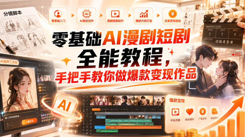 零基础AI漫剧短剧全能教程，从AI智能体搭建、文案脚本分镜、多平台AI生视频、剪映精修，覆盖全题材创作，手把手教你做爆款变现作品