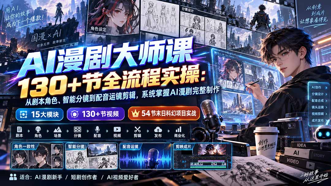 (20326期)AI漫剧大师课130+节全流程实操:从剧本角色、智能分镜到配音运镜剪辑,系统掌握AI漫剧完整制作
