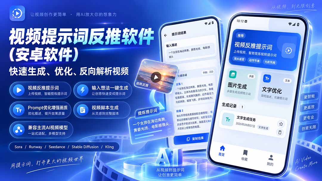 （20301期）视频提示词反推软件（安卓软件），快速生成、优化、反向解析视频