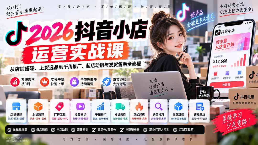 (20568期)2026抖音小店运营实战课|从店铺搭建、上货选品到千川推广、起店动销与发货售后全流程