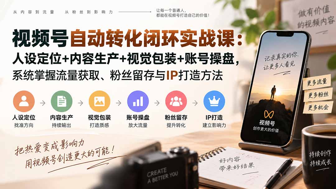 (20327期)视频号自动转化闭环实战课:人设定位+内容生产+视觉包装+账号操盘,系统掌握流量获取、粉丝留存与IP打造方法