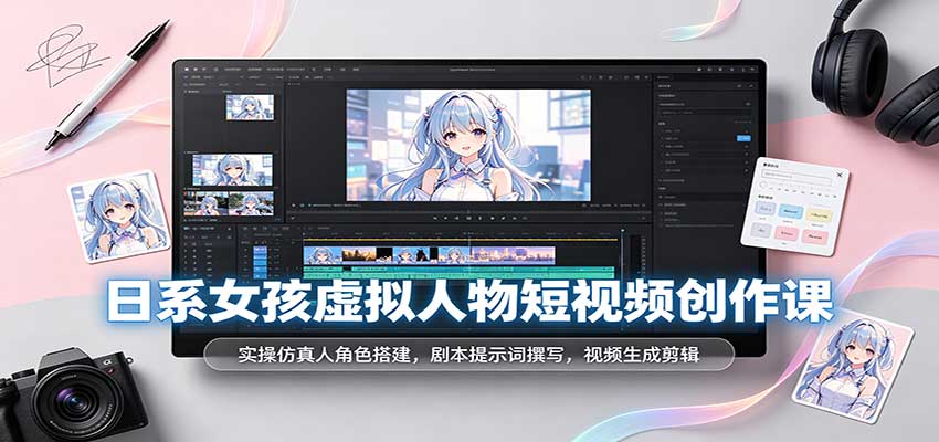 日系女孩虚拟人物短视频创作课:实操仿真人角色搭建,剧本提示词撰写,视频生成剪辑