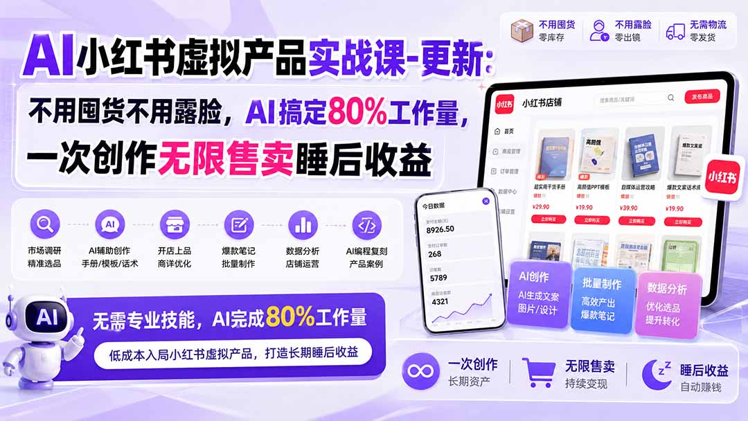(20311期)AI小红书虚拟产品实战课-更新:不用囤货不用露脸,AI搞定80%工作量,一次创作无限售卖睡后收益
