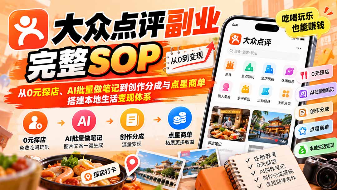 (20638期)【无水印】大众点评副业完整SOP:从0元探店、AI批量做笔记到创作分成与点星商单,搭建本地生活变现体系
