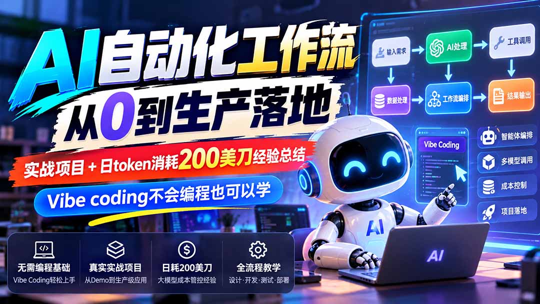 （20954期）【无水印】AI自动化工作流从0到生产落地，实战项目+日token消耗200美刀经验总结，Vibe coding不会编程也可以学