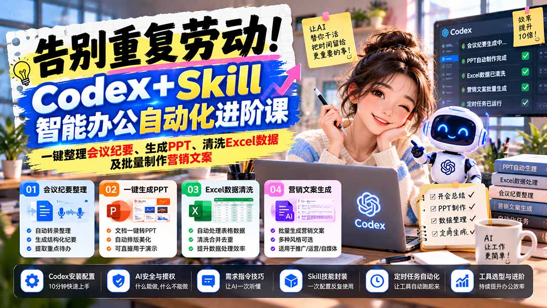 (21001期)告别重复劳动!Codex+Skill智能办公自动化进阶课:一键整理会议纪要、生成PPT、清洗Excel数据及批量制作营销文案