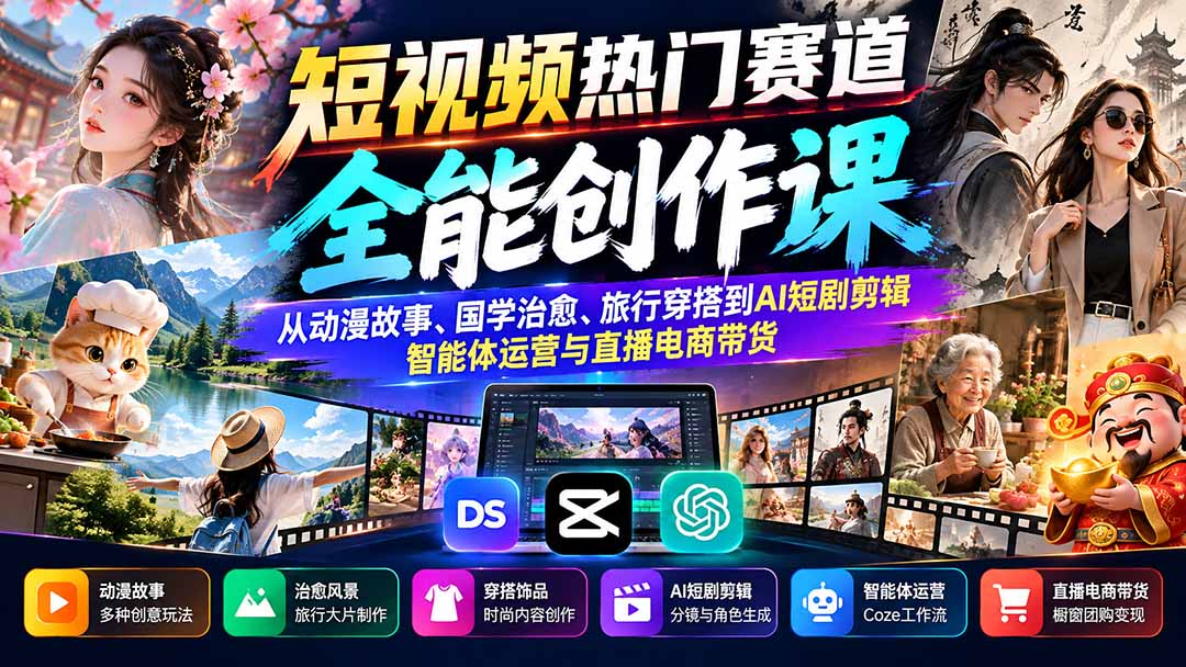 （20956期）短视频热门赛道全能创作课：从动漫故事、国学治愈、旅行穿搭到AI短剧剪辑、智能体运营与直播电商带货